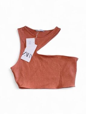 Zara Asymmetric Cutout Ribbed Crop Top - Peach Champagne